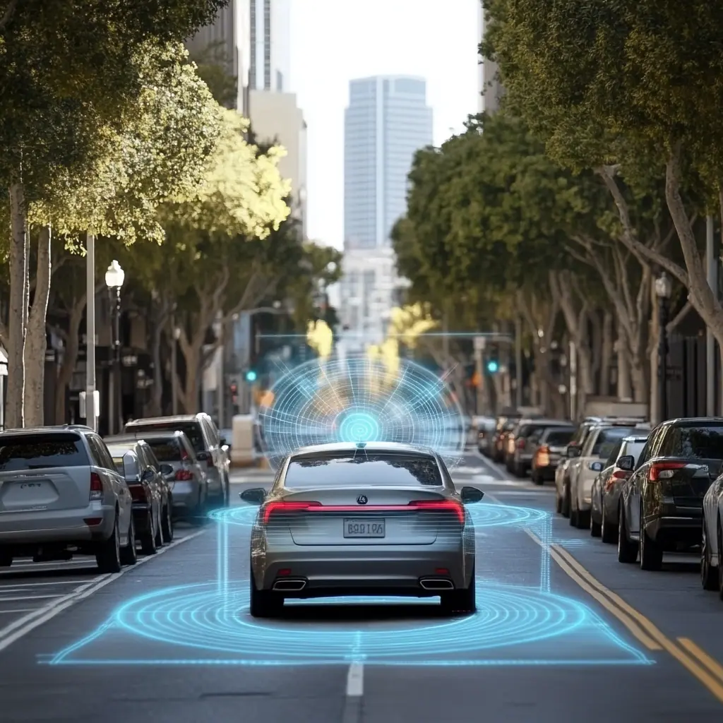 Tecnología de IA analizando un vehículo moderno con superposiciones digitales